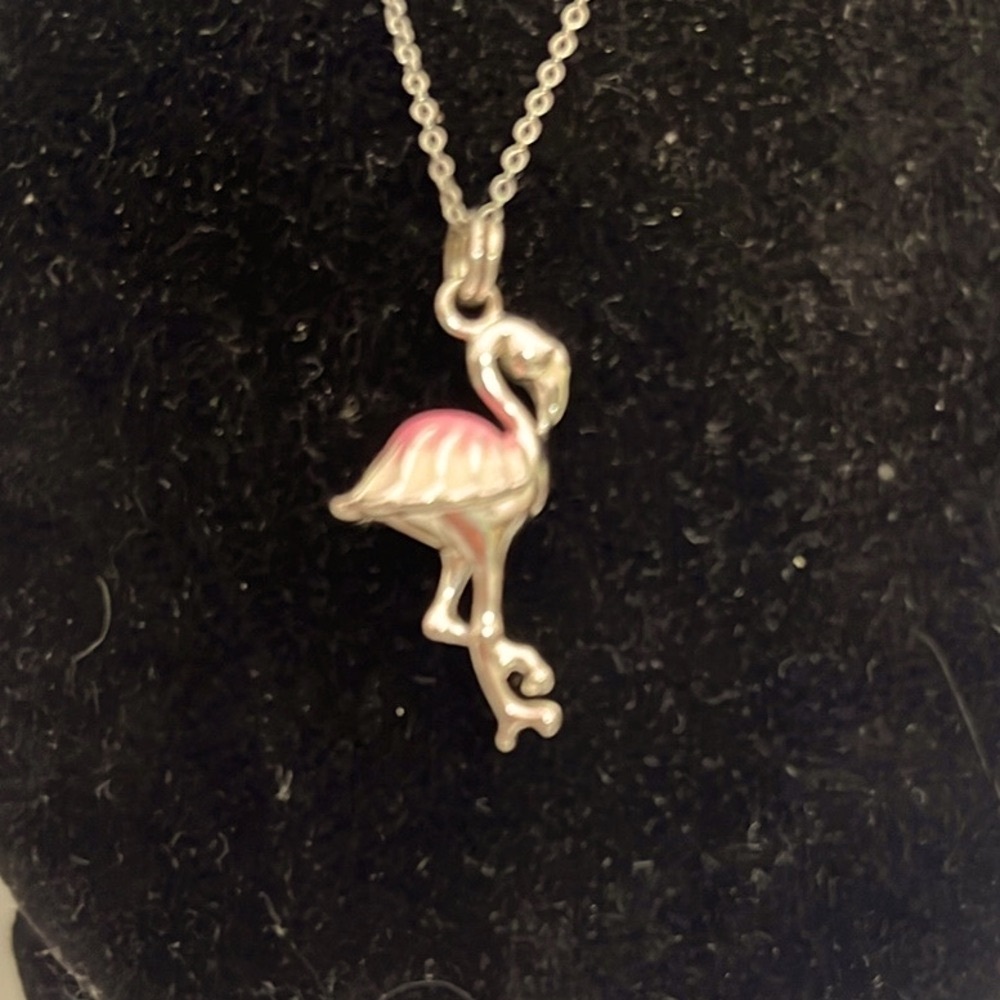 Fine Silver and Pink and Cream enamel Flamingo Pendant Necklace